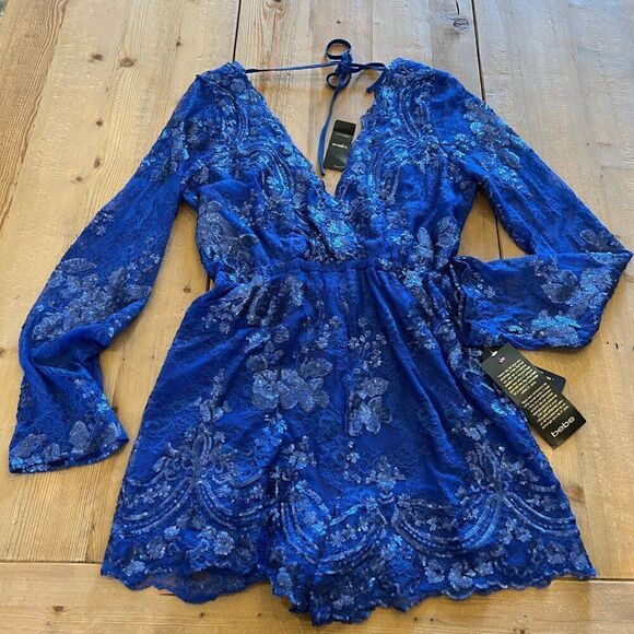 Bebe Royal Blue Hand Embellished Scalloped Romper Size Medium NWT - Picture 7 of 16